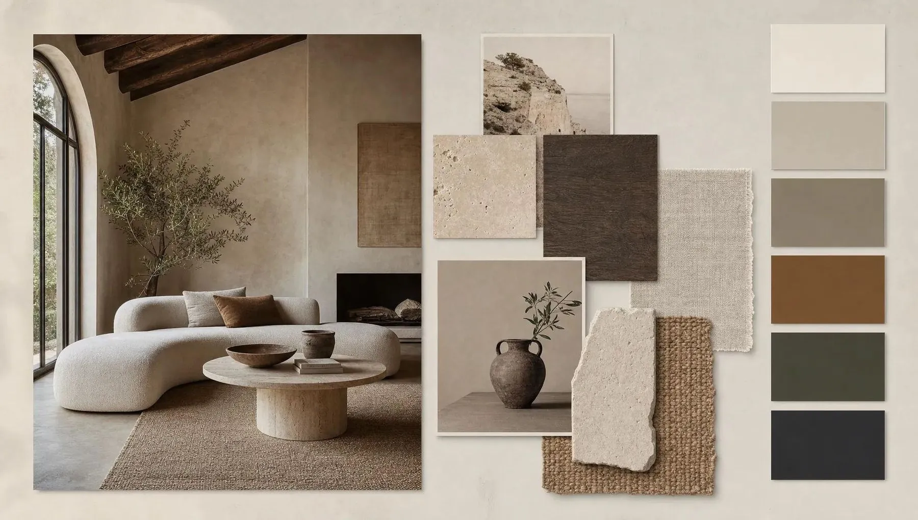 Material board with travertine, oak, linen and jute samples beside a curved sofa